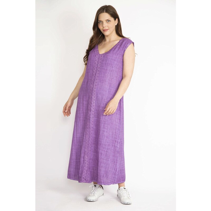 Şans Women's Lilac Plus Size Lace Detailed V-Neck Side Slit Linen Dress