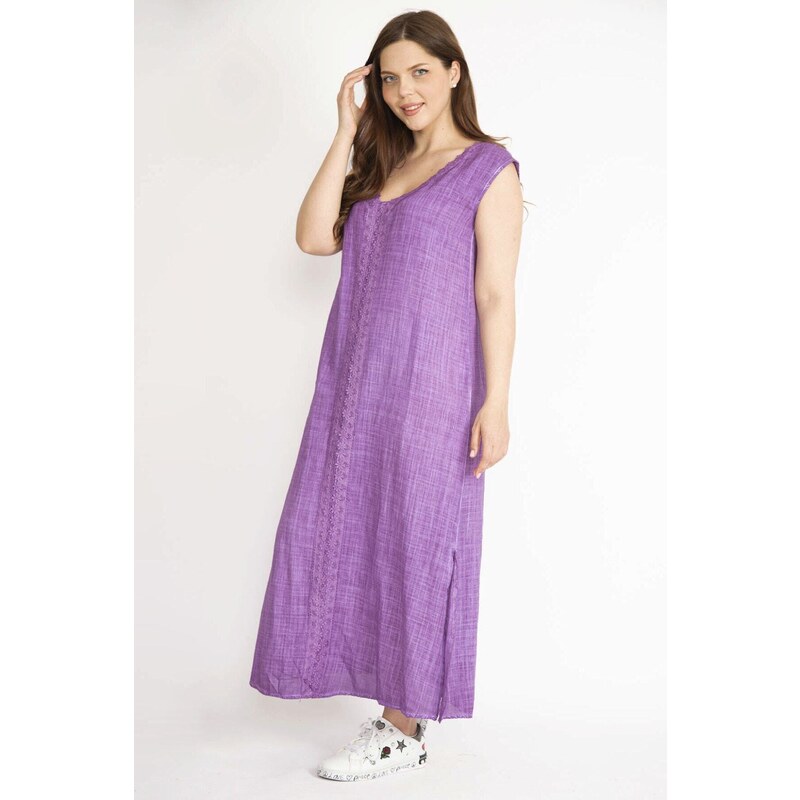 Şans Women's Lilac Plus Size Lace Detailed V-Neck Side Slit Linen Dress