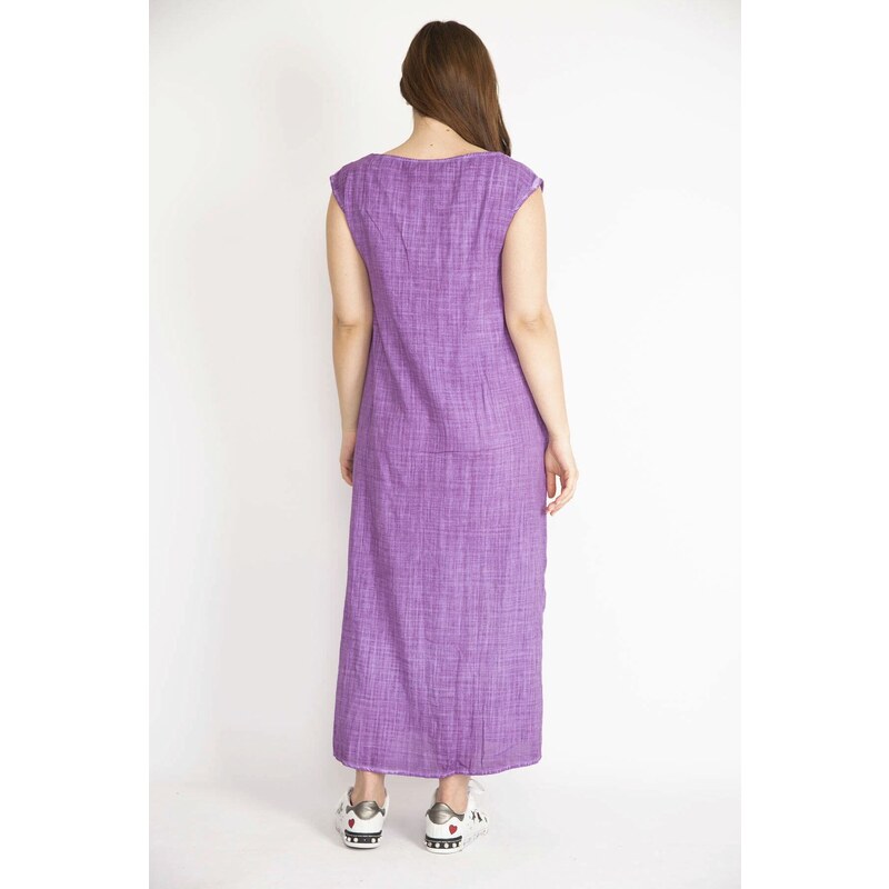 Şans Women's Lilac Plus Size Lace Detailed V-Neck Side Slit Linen Dress