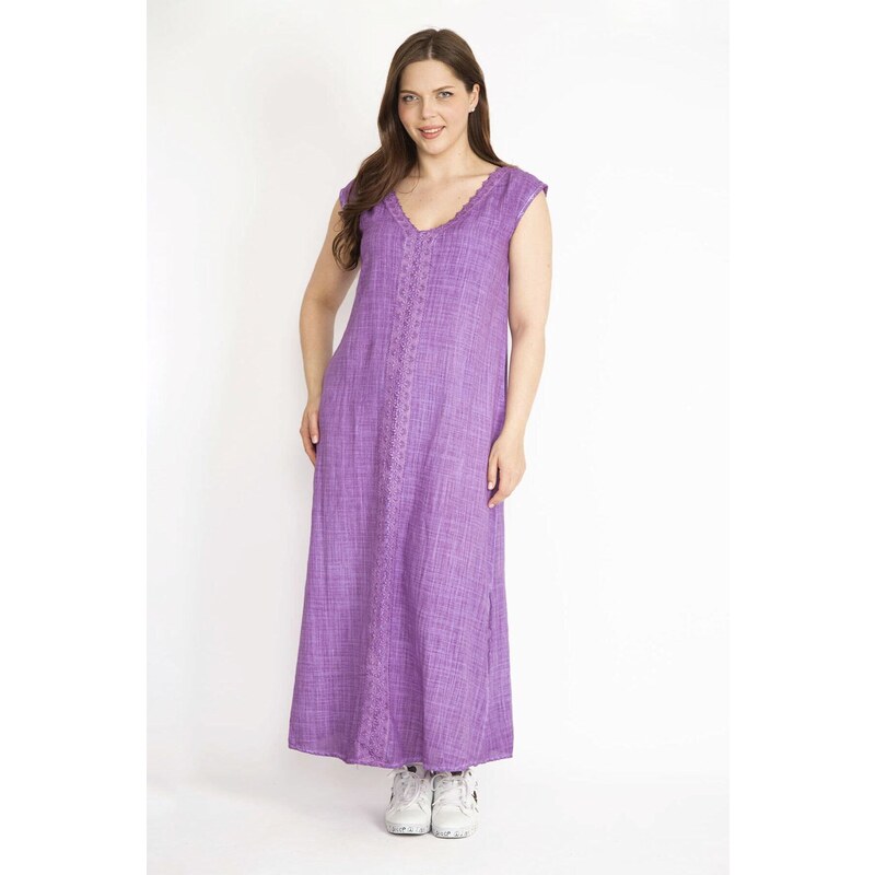 Şans Women's Lilac Plus Size Lace Detailed V-Neck Side Slit Linen Dress