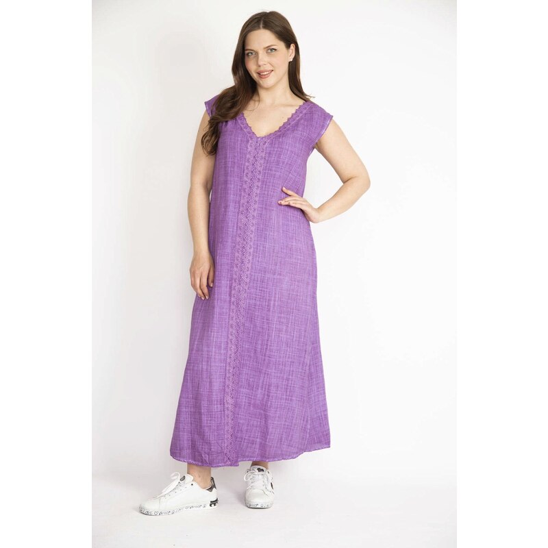 Şans Women's Lilac Plus Size Lace Detailed V-Neck Side Slit Linen Dress