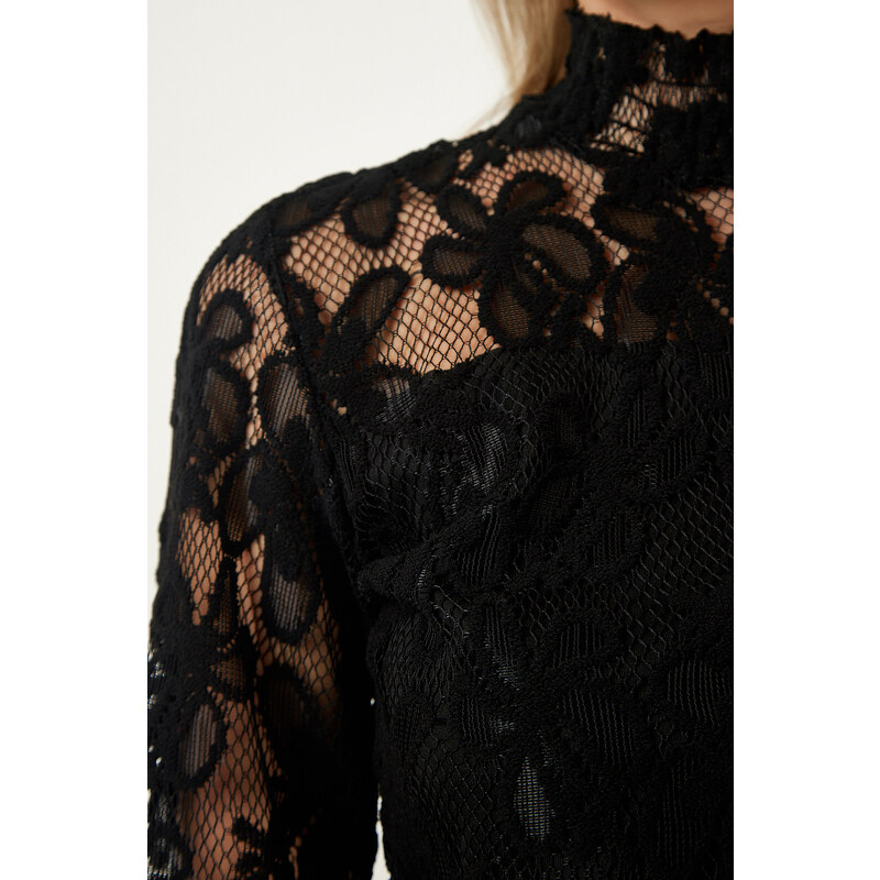 Happiness İstanbul Black High Neck Lace Elegant Blouse