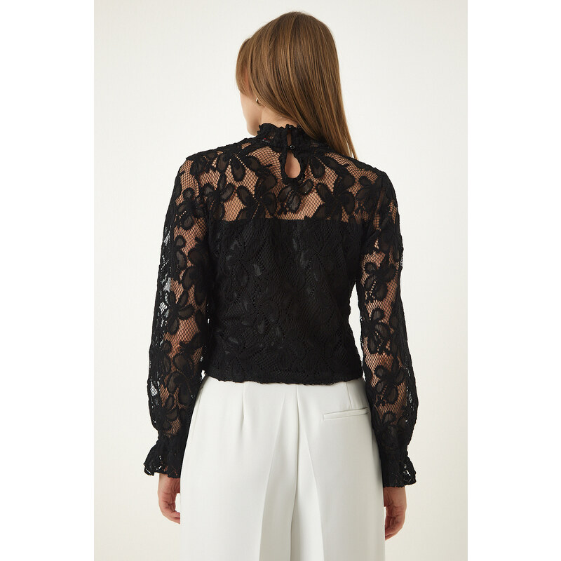 Happiness İstanbul Black High Neck Lace Elegant Blouse