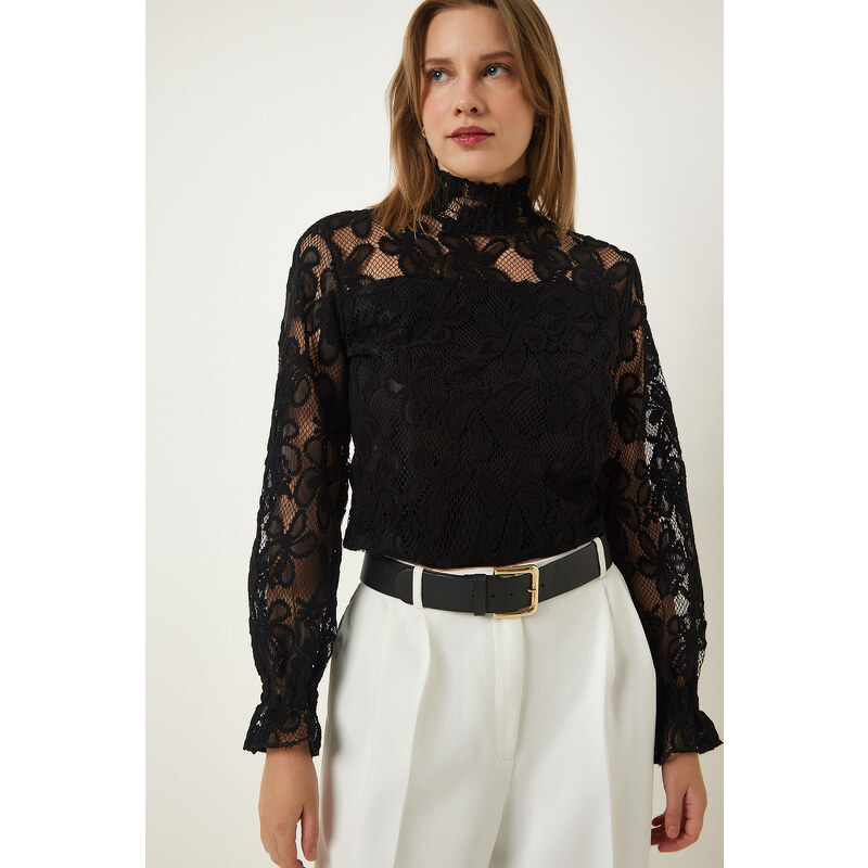 Happiness İstanbul Black High Neck Lace Elegant Blouse