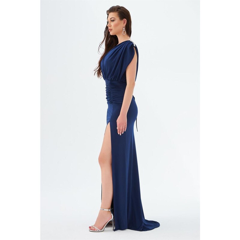 Carmen Navy Blue Sandy Slit Decollete Long Evening Dress