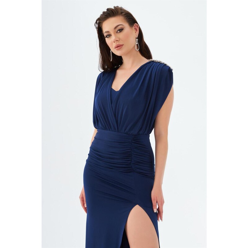 Carmen Navy Blue Sandy Slit Decollete Long Evening Dress