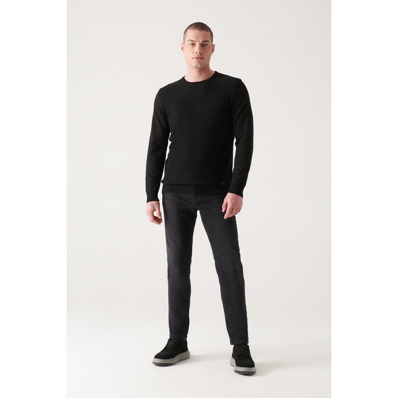 Avva Men's Black Crew Neck Cotton Front Textured Regular Fit Knitwear Sweater