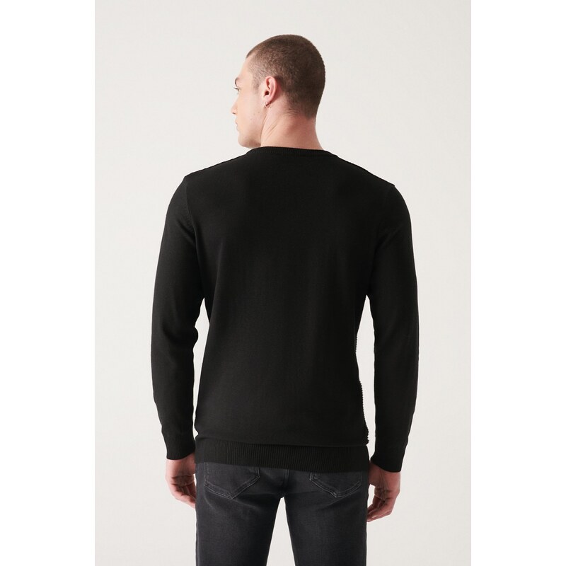 Avva Men's Black Crew Neck Cotton Front Textured Regular Fit Knitwear Sweater