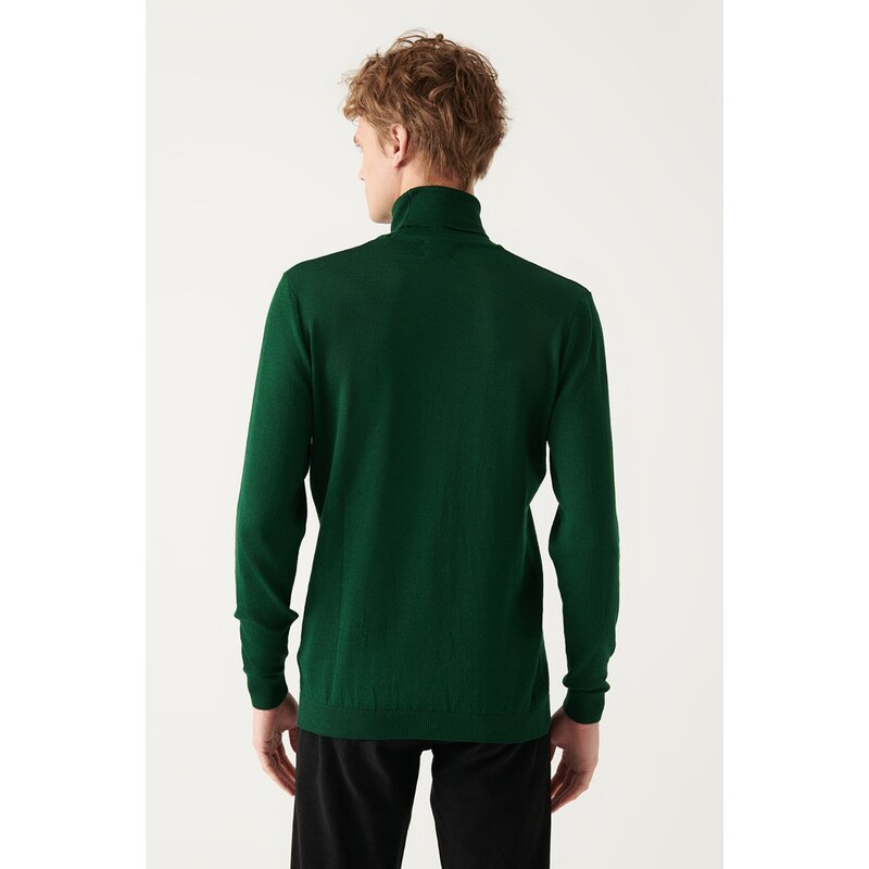 Avva Men's Green Full Turtleneck Wool Blended Regular Fit Knitwear Sweater