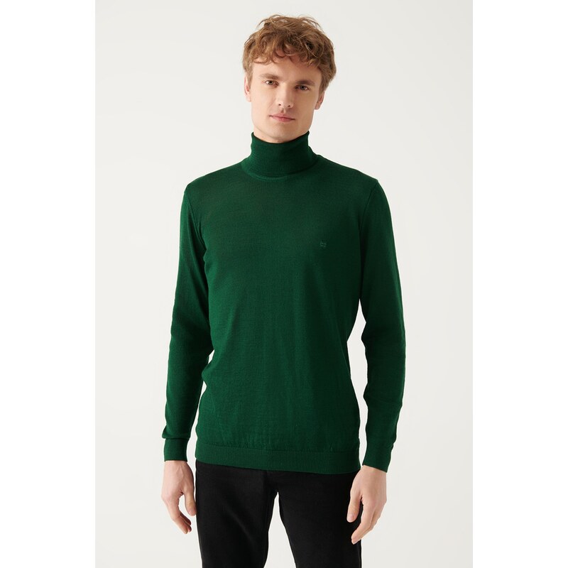 Avva Men's Green Full Turtleneck Wool Blended Regular Fit Knitwear Sweater