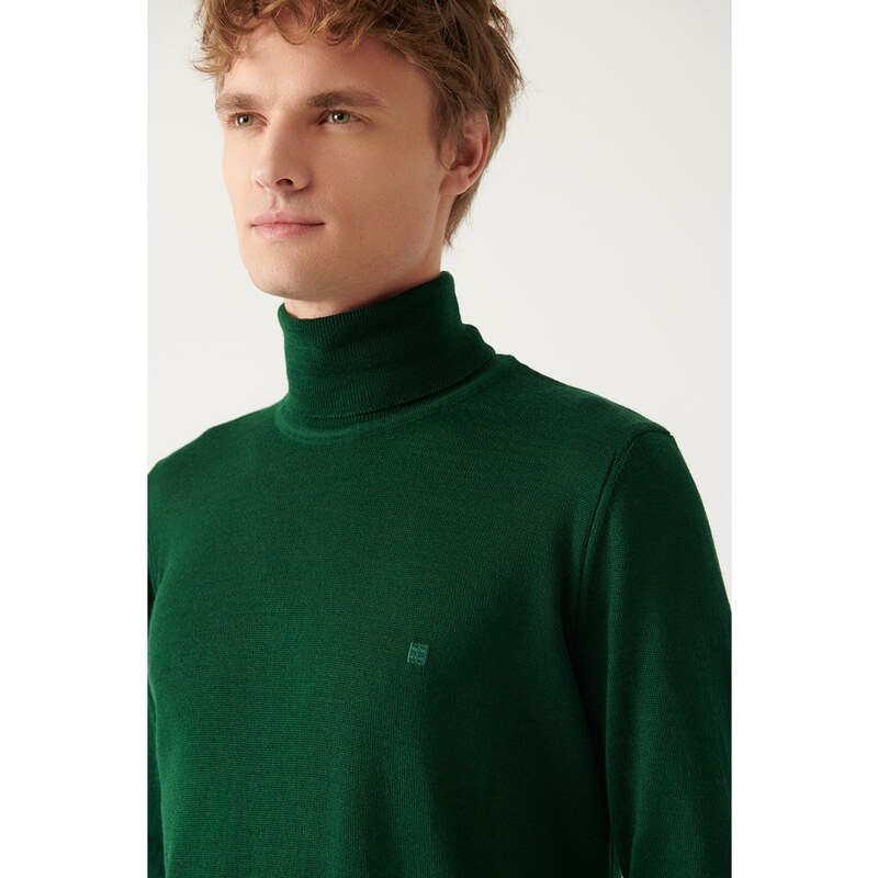 Avva Men's Green Full Turtleneck Wool Blended Regular Fit Knitwear Sweater