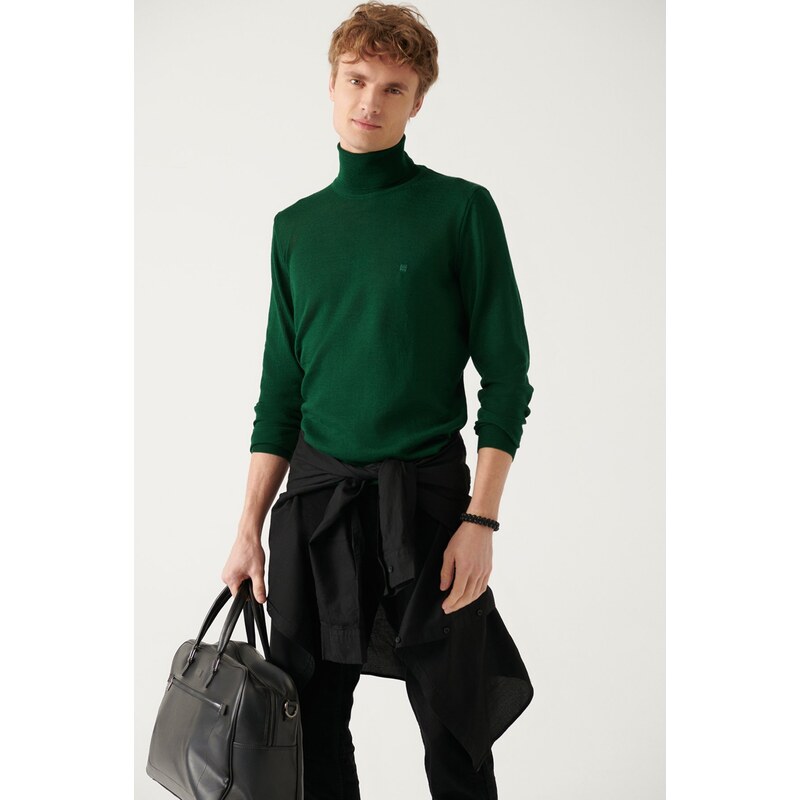 Avva Men's Green Full Turtleneck Wool Blended Regular Fit Knitwear Sweater