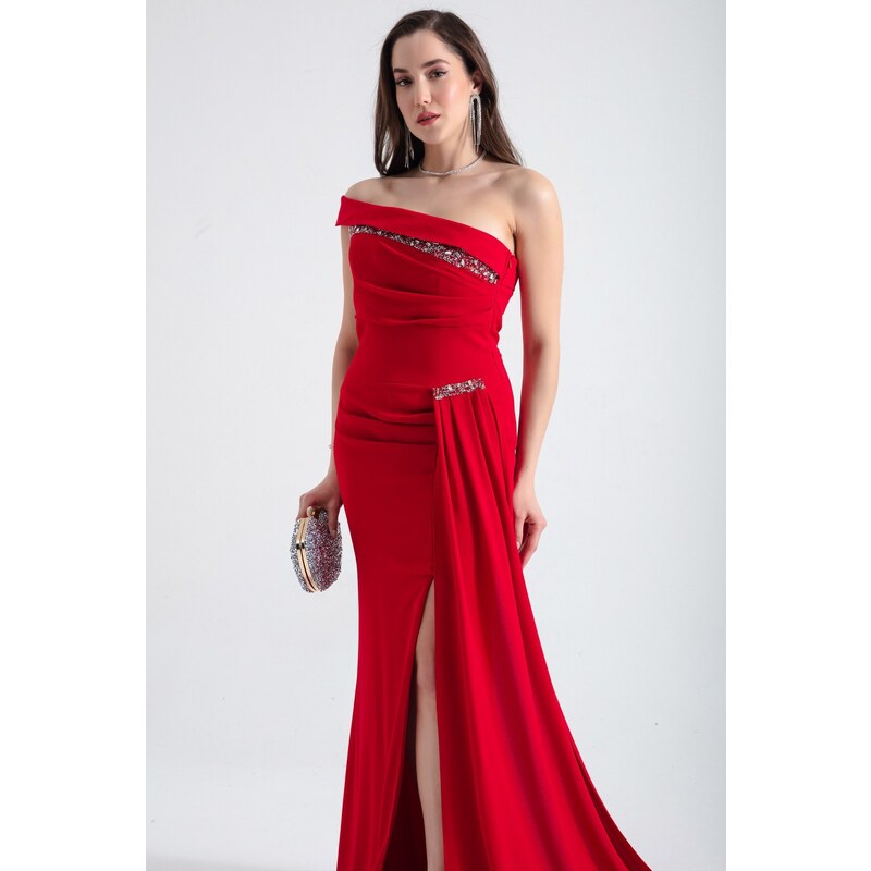 Lafaba Women's Red Boat Neck Stone Long Evening Dress