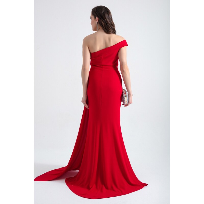 Lafaba Women's Red Boat Neck Stone Long Evening Dress