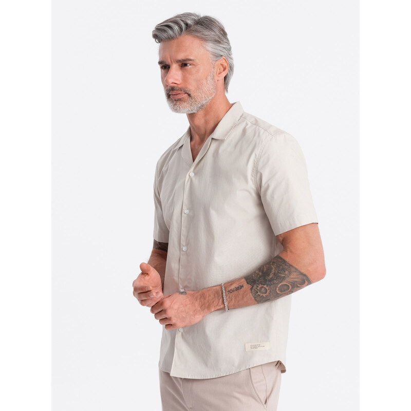 Ombre Clothing Pánská košile s krátkým rukávem a kubánským límcem - krémová V7 OM-SHSS-0168