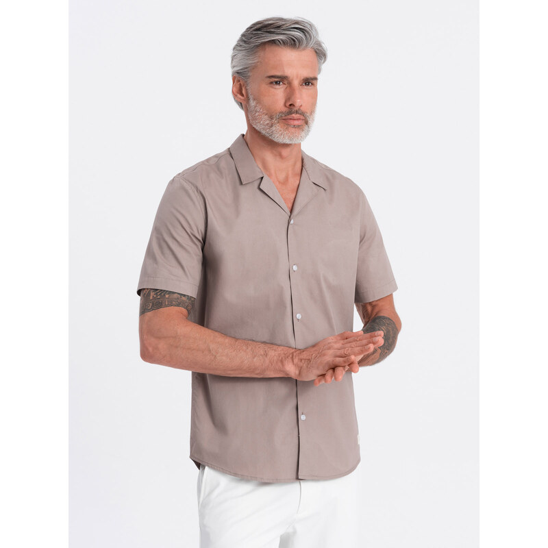 Ombre Clothing Pánská košile s krátkým rukávem a kubánským límcem - tmavě béžová V3 OM-SHSS-0168