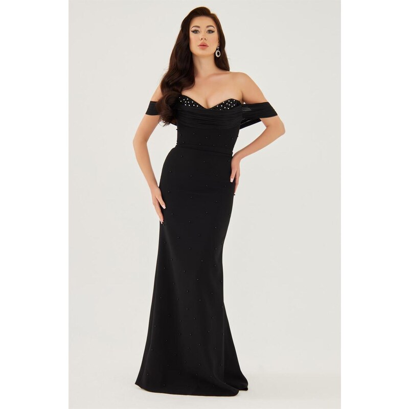 Carmen Black Crepe Pearl Embroidered Promise Dress