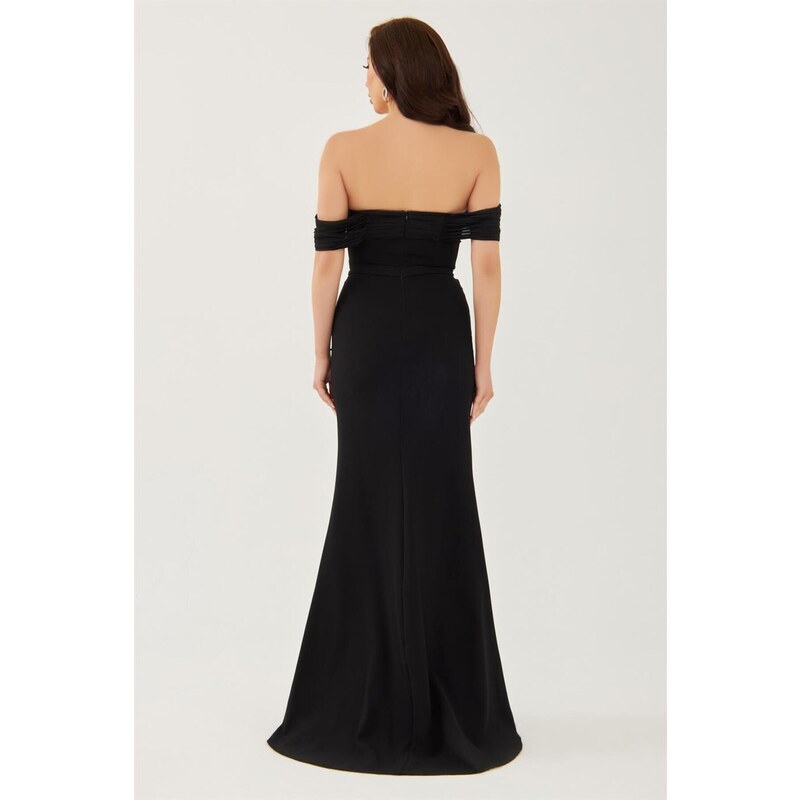 Carmen Black Crepe Pearl Embroidered Promise Dress