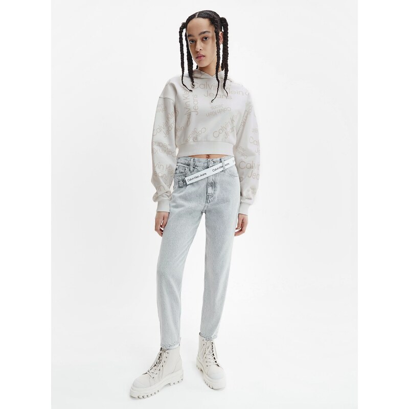 Bílá dámská vzorovaná cropped mikina s kapucí Calvin Klein Jeans - Dámské
