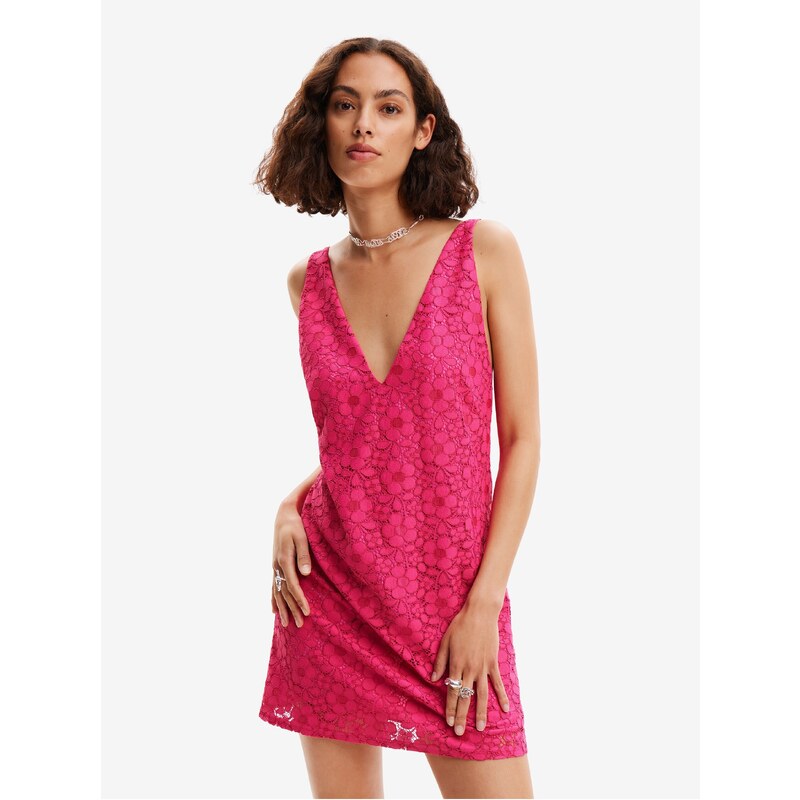 Tmavě růžové dámské krajkové šaty Desigual Lace - Dámské