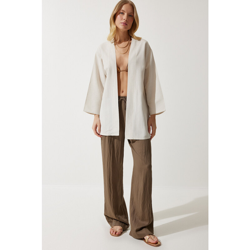 Happiness İstanbul Women's Cream Loose Linen Viscose Kimono