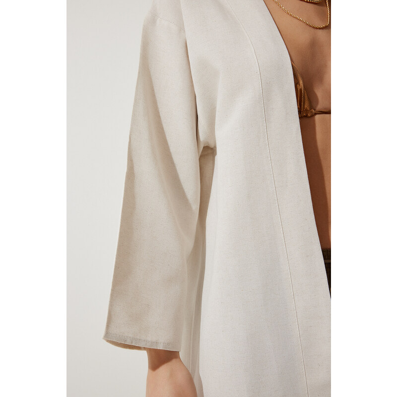 Happiness İstanbul Women's Cream Loose Linen Viscose Kimono