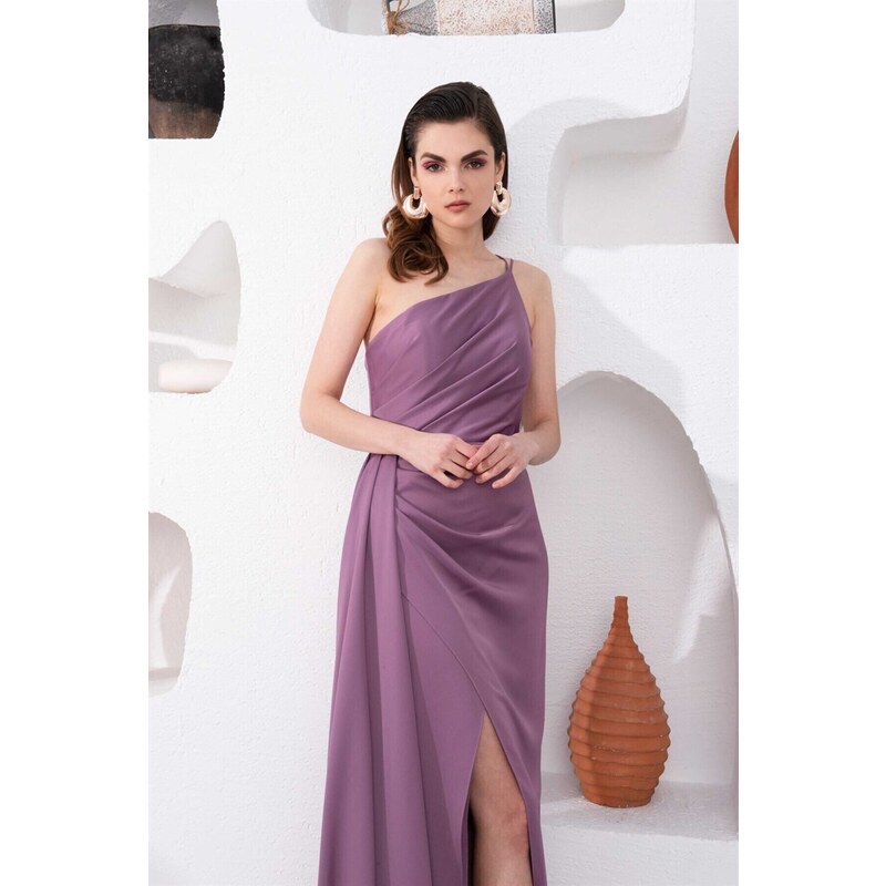 Carmen Lavender Satin One-Shoulder Long Evening Dress