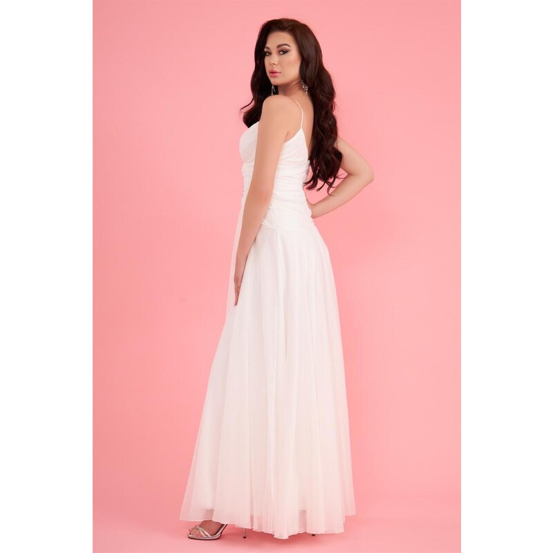 Carmen Ecru Chiffon Strappy Collar Stone Long Wedding Dress