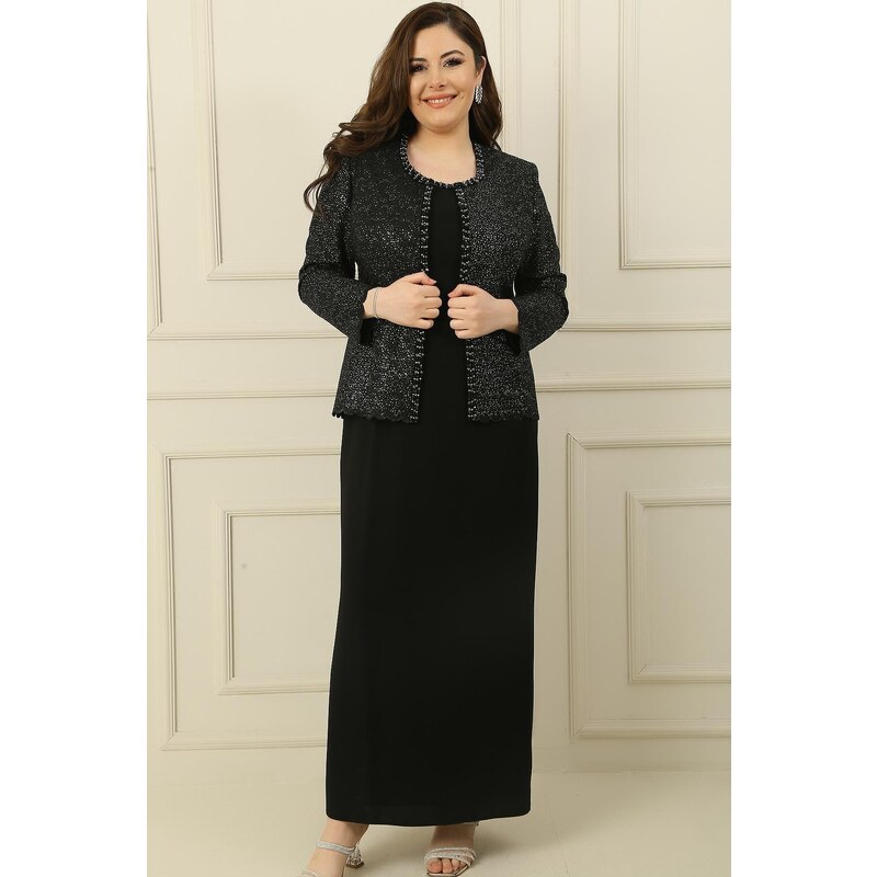 By Saygı Long Crepe Dress with Stones and Lined Collar, Sequin Jacket Plus Size 2-Piece Suit