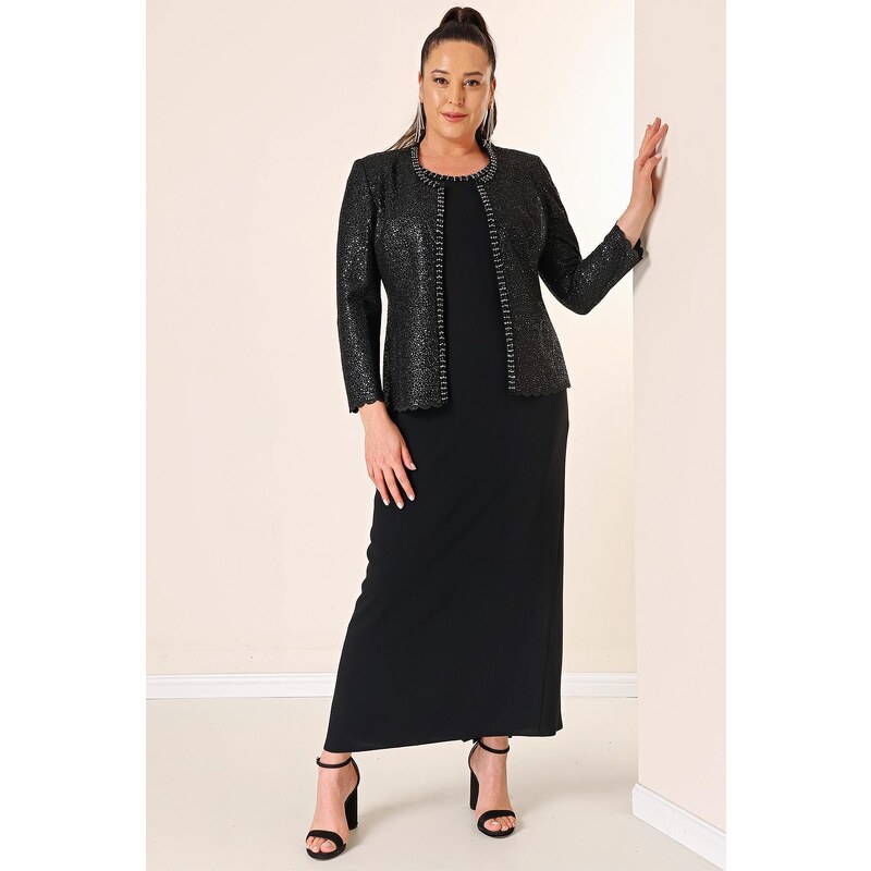 By Saygı Long Crepe Dress with Stones and Lined Collar, Sequin Jacket Plus Size 2-Piece Suit