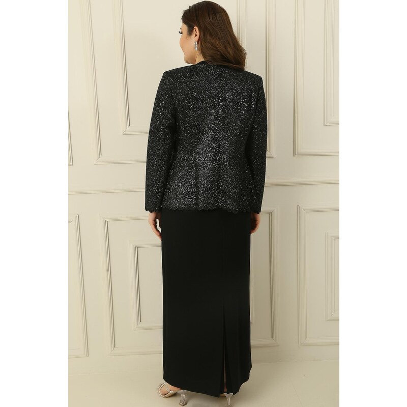 By Saygı Long Crepe Dress with Stones and Lined Collar, Sequin Jacket Plus Size 2-Piece Suit