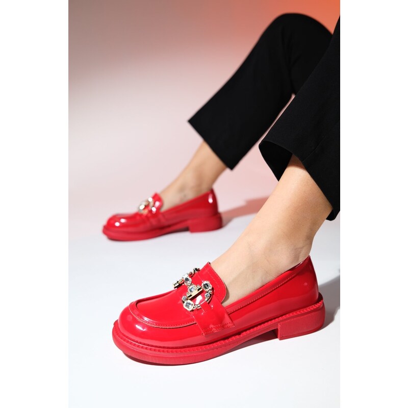 LuviShoes NORMAN Red Patent Leather Stone Buckle Women's Loafer Shoes