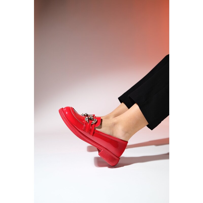 LuviShoes NORMAN Red Patent Leather Stone Buckle Women's Loafer Shoes