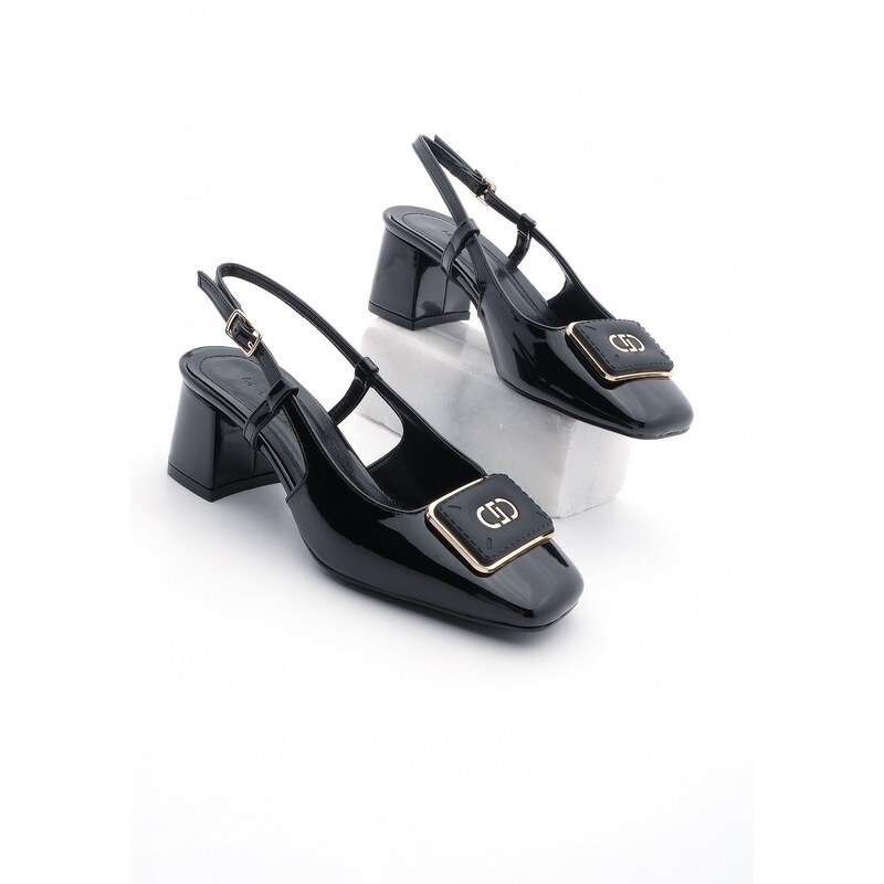 Marjin Women's Buckled Open Back Scarf Flat Toe Classic Heeled Shoes Leris Black Patent Leather