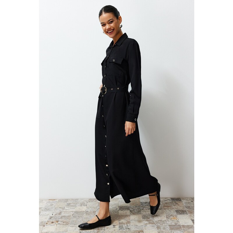 Trendyol Black Plain Gold Button and Pocket Detailed Woven Shirt Dress