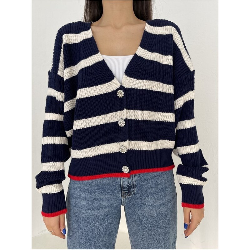 Laluvia Navy Blue Color Striped Cardigan with Stone Buttons