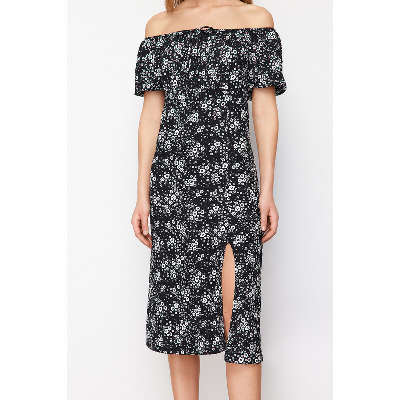 Trendyol Black Printed Slit Carmen Collar Gathered Textured Stretch Knitted Maxi Dress