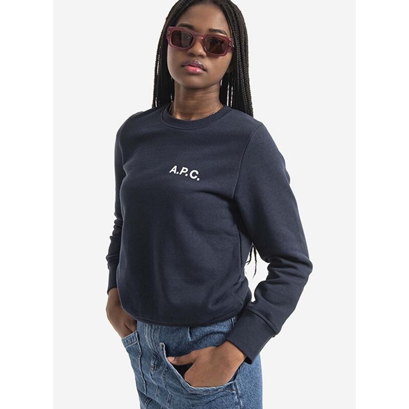 Bavlněná mikina A.P.C. Sweat Shelley COETM-F27693 DARK NAVY dámská, tmavomodrá barva, s potiskem