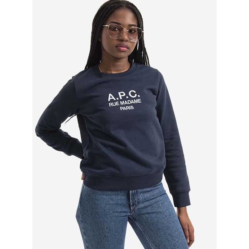 Bavlněná mikina A.P.C. Sweat Tina COEBH-F27561 MARINE dámská, tmavomodrá barva, s aplikací