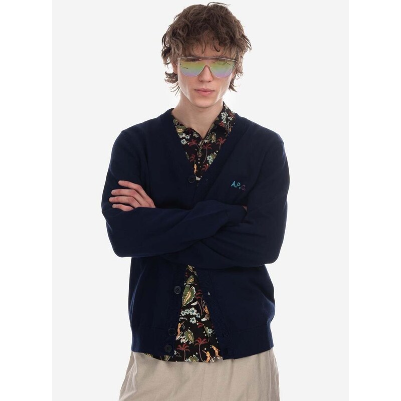 Bavlněný kardigan A.P.C. New Cardigan Joseph tmavomodrá barva, COGDK-H22229 DARK NAVY