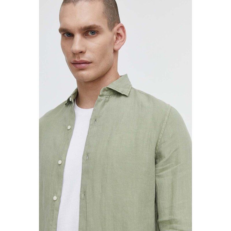 Lněná košile Superdry zelená barva, regular, s italským límcem