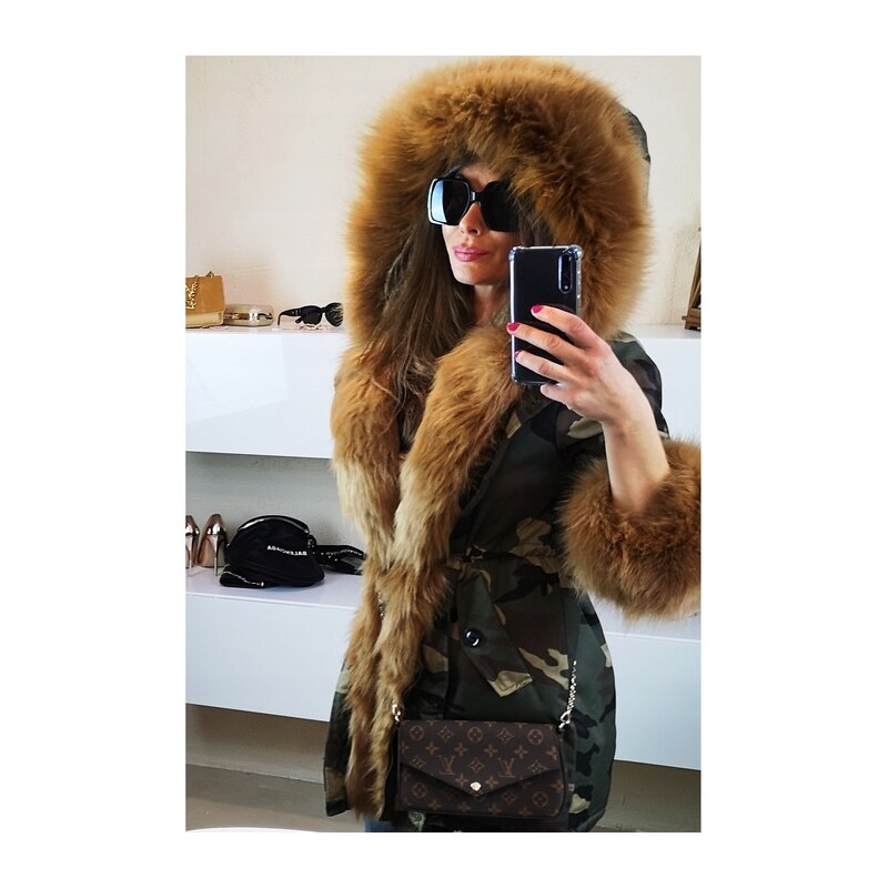 Fashionweek Zimní Exkluzivní maskáčová bundička parka s kožíškem JENOT F1741