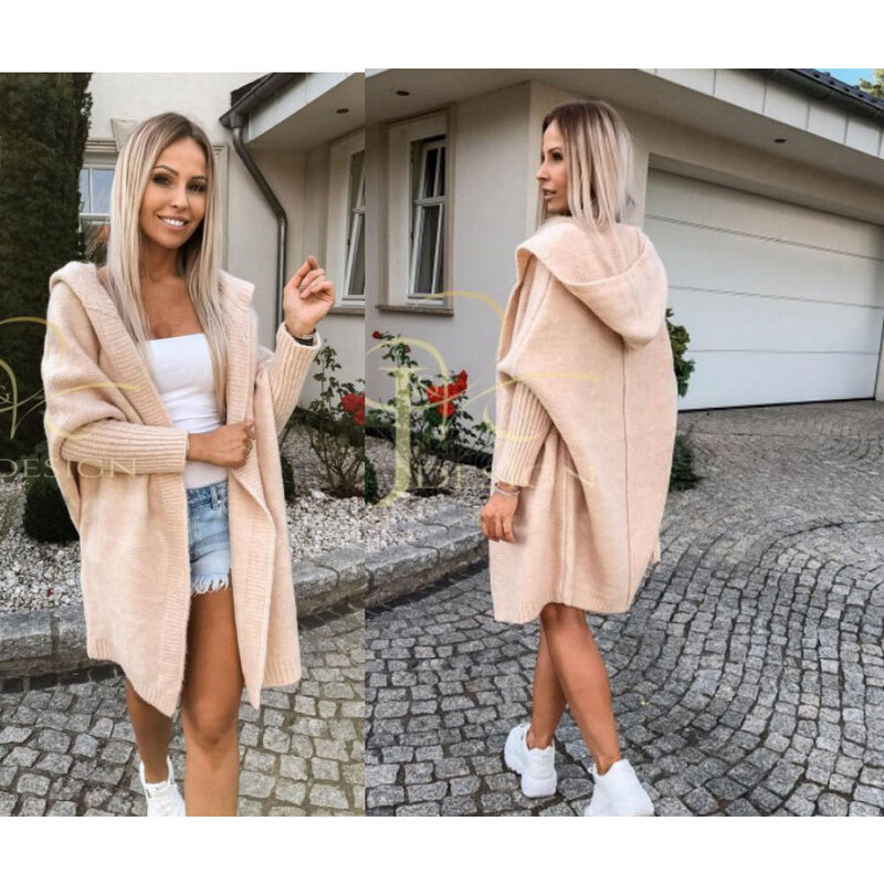 Fashionweek Dámský cardigan luxusní pletený kabát,cardigan s kapucí BETI