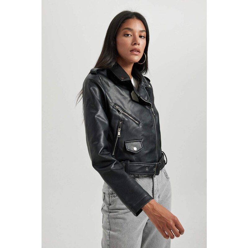 DEFACTO Relax Fit Faux Leather Belted Crop Biker Jacket