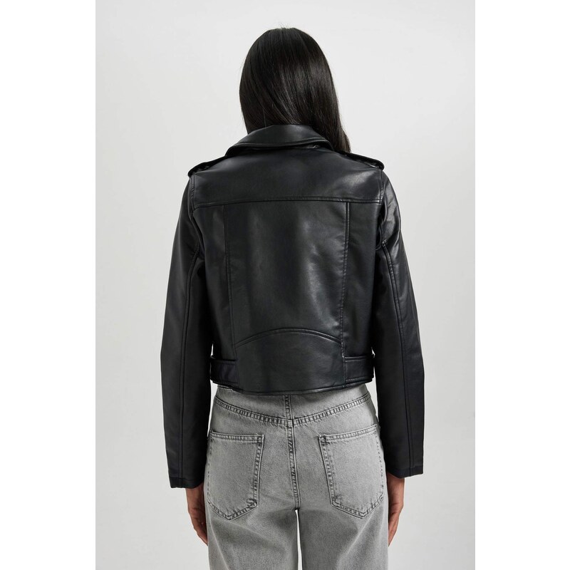 DEFACTO Relax Fit Faux Leather Belted Crop Biker Jacket