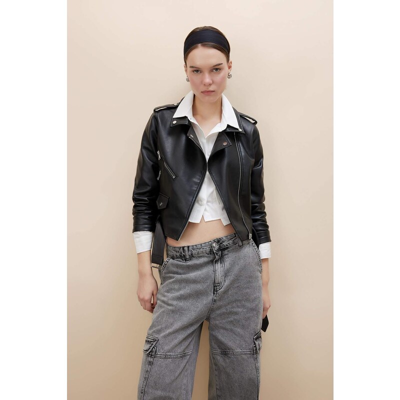 DEFACTO Relax Fit Faux Leather Belted Crop Biker Jacket