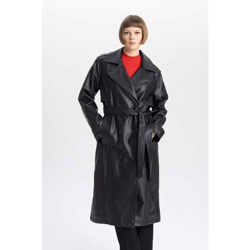 DEFACTO Waterproof Regular Fit Faux Leather Trench Coat