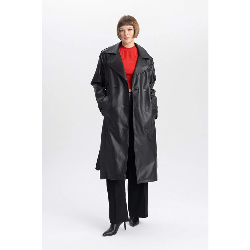 DEFACTO Waterproof Regular Fit Faux Leather Trench Coat