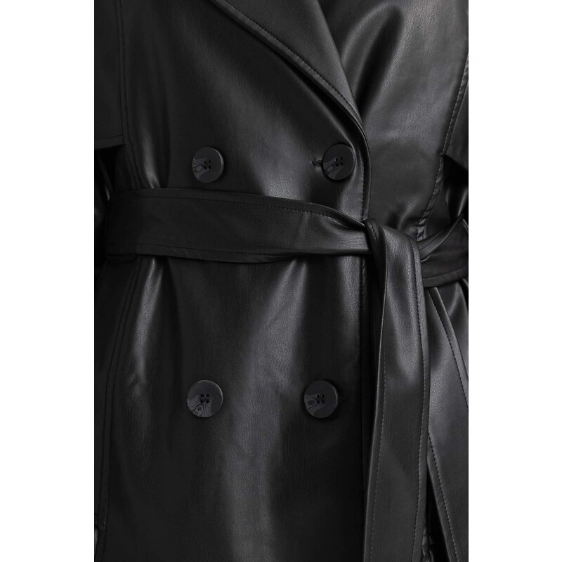 DEFACTO Waterproof Regular Fit Faux Leather Trench Coat