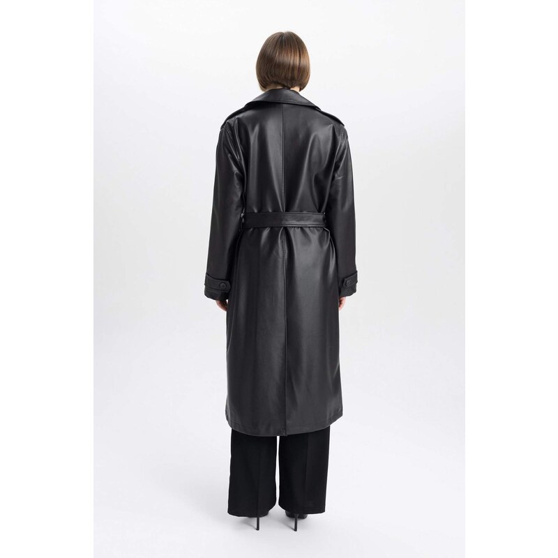 DEFACTO Waterproof Regular Fit Faux Leather Trench Coat